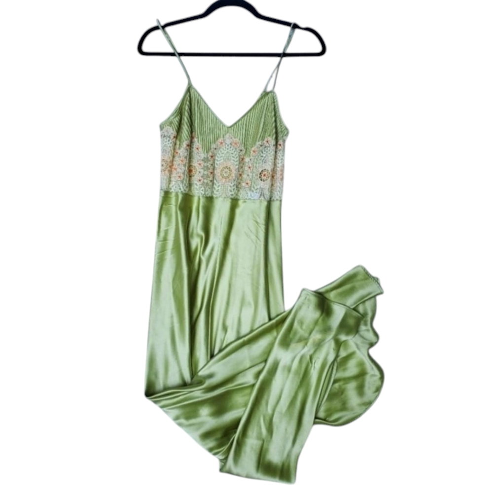 La Perla Light Green Satin Maxi Dress with Embroidered Bodice